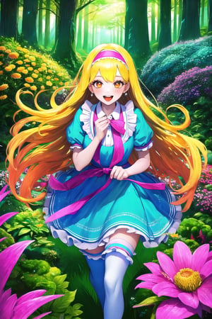 (Masterpiece), (insaneres), 8k, hyperdetailed, deep depth of field, motion blur, 0kazu, unique character concept, hyperrealistc, stunning artwork, madgod, finely crafted, alice in wonderland, diamond print thighhighs, diamond_(shape), hands behind back, sparkle, dreamy, cowboy shot, extremely detailed background. hypnotizing orange eyes, blonde hair, very long hair, hairband, green dress. apron, bloomers, waist bow, beautiful hands, girly running, blush, happy, smile, open mouth, retro artstyle, perfect female figure, garden, psychadelic, hair ornament, gorgeous, bloom, nature, shadow, nature, overgrown,  fantasy, outdoors, sunlight, day, scenery,1 girl, atmospheric,traditional media