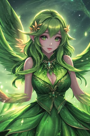 (Masterpiece, best quality:1.4), insaneres, top quality, 8k resolution, w1ndam, 1girl, leaf dress, nature, green nail polish, magical girl, henshin, wind, magic, solo, aura, outer glow, beak, forehead jewel, yellow sclera, glowing, bloom, sky, facing viewer, flapping wings, multiple wings, feathered wings, green theme, looking at viewer, green hair, wavy hair, very long hair, from side, floating, (deep depth of field:1.2), volumetric lighting, , blurry foreground, blurry background, tilt-shift, (glowing particles:1.4), dynamic, volumetric lighting, stunning artwork,saba_styl3