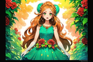 (Masterpiece, Best Quality:1.3), highres, 8k, highly detailed, 2d, (faux traditional media:1.3), manga, illustration, (mature female!.3), fantasy, thick lineart, outline, ((centered)), , sugar_rune, flower, cowboy shot, flower dress, solo, green eyes, polka dot, 1girl, sparkle, bush, open mouth, earrings, sleeveless, standing, gloves, overgrowth, wariza, (perfect hands), looking at viewer, fairytale, wonder, dreamy, golden hour, outdoors, leaves, long hair, jewelry, white gloves, nature, doughnut hair bun, half updo, ((depth of field)), 85mm, hyperrealistic, film grain, colorful, lipstick, (very long hair), (rose garden), shadow, (natural lighting:1.1), long face, (jmature female:1.3), stylish, fashion, bloom, (deep depth of field)