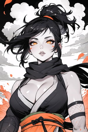 (Masterpiece,  Best Quality), top quality, highly detailed, (8k resolution), (ultra-detailed portrait), upper body, official alternate costume, shiny, ff14bg, 1grl, half-closed eyes, soft makeup, ink_(medium), beautiful, detailed face, detailed eyes, deep eyes, orange eyes, black hair, (shinobi outfit:1.2), brace, armlet, black leggings, fishnets, cleavage, curvy, beautiful female figure, mature female, bandana, long hair, low ponytail, (long face, full lips), dynamic pose, from below, black scarf, looking at viewer, ready to draw, katana, holding sword, glint, eye trail, glowing, dark room, studio lighting, sky, cloud, floating, atmosphere, misty, no humans, day, halation, sunlight, yellow grass, grass, (intricate details:1.2), day, (volumetric lighting, soft lighting:1.1), (clouds, cloud, surrounded by clouds), bloom, windy, petals, surreal, (fantasy:1.1),weapon,monochrome