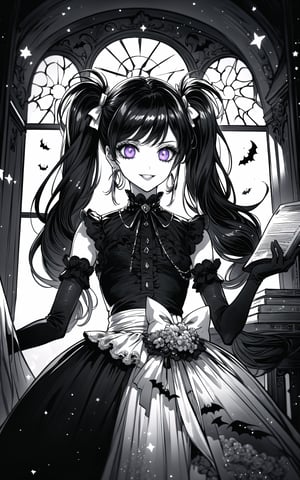 (Masterpiece, Best Quality:1.3), insaneres, (8k resolution), highly detailed, 2d, (faux traditional media:1.3), manga, digital illustration, fantastic composition, spot color, fantasy, thick lineart, outline, (centered), sugar_rune, adorable, cute, black hair, (dynamic pose:1.3), flower, (black theme:1.3), (in the style of yuki kajiura:0.8, ayami kojima, cowboy shot, (victorian), (gothic dress:1.4), dark theme, solo, purple eyes, 1girl, indoors, dark room, victorian setting, smile, evil smile, grin, looking down, from below, (hiding in the shadows:1.3), glowing eyes, parted lips, doll, earrings, sidelocks, (bangs:1.2), (low twintails:1.4), sleeveless, standing, elbow gloves, (dutch angle), supernatural, bonnet, doll dress, ribbon, waist-bow, hair bow, (night:1.2), looking at viewer, expressionless, fairytale, wonder, melancholy, dust particles, natural light pouring through window, (shadow:1.3), darkness, jewelry, very long hair, black gloves, lace trim, half updo, (deep depth of field:1.3), 85mm, hyperrealistic, film grain, colorful, lipstick, blurry foreground, haunted house, (halloween), (moody lighting:1.4), (spooky), (intricate details:1.2), focus face, messy hair, mystical, table, grandfather clock, bookshelf, livingroom, door, high-rise staircase, stairs, curtains, plant, (natural lighting:1.1), long face, (extremely detailed background:1.3), (stylish, fashion), scenery, human furniture, (fantasy:1.3),perfecteyes