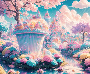 (masterpiece, best quality:1.2), 8k, top quality, cryptids, cookie, glowing, (panoramic view), cinematic, intricate details, above the clouds, floating, in the style of pixar, cloud, cotton candy, whipped cream, dream, fantastic lighting and composition, fruit, colorful, vivid, a world made of candy, plant, scenery, full background, (cupcake:1.2), highly detailed, 3d, beautiful, personification, deep depth of field, adorable, cute, (gradients), sweet, shiny, delicious, bloom, volumetric lighting, (fantasy), candyland, candy, see-through, transparent, (jello), coral colors, smooth, extremely detailed,cryptids,(best quality,kawaiitech