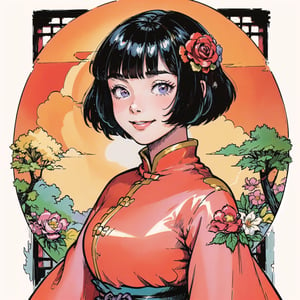 (masterpiece, best quality:1.3), digital illustration, 8k resolution, ultra-detailed portrait, rup3rt_Style, faux traditional media, (1girl), upper body, black hair, bob cut, blunt bangs, hair flower, smile, beautiful, chinese dress, purple dress, long sleeves, wide sleeves, happy