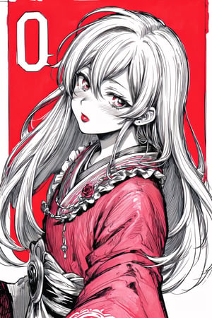 (Masterpiece), (highres), 8k, manga, digital illustration, 2d,  retro artstyle,  monochrome, partially colored,(ultra-detailed portrait of a woman,solo,  shaded face, red rose, red theme, confident, jewelry, colorful, frill trim, extremely detailed, detailed face, lipstick, straight hair, bangs,stylish, expressive, blush, looking to the side,  head tilt,  cowboy shot, fully clothed, (8k resolution),post00d,Hajime_Saitou,,quju,Oiran,sugar_rune,sweetscape