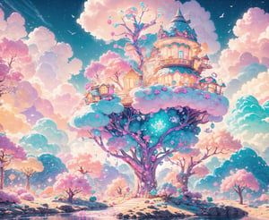 (masterpiece, best quality:1.2), 8k, top quality, cryptids, cookie, glowing, (panoramic view), cinematic, intricate details, above the clouds, floating, in the style of pixar, cloud, cotton candy, whipped cream, dream, fantastic lighting and composition, fruit, colorful, vivid, a world made of candy, plant, scenery, highly detailed, 3d, beautiful, personification, deep depth of field, adorable, cute, (gradients), sweet, shiny, delicious, bloom, volumetric lighting, (fantasy), candyland, candy, see-through, transparent, (jello), coral colors, smooth, extremely detailed,cryptids,(best quality,kawaiitech