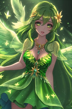 (Masterpiece, best quality:1.4), insaneres, top quality, 8k resolution, w1ndam, 1girl, leaf dress, nature, green nail polish, magical girl, henshin, wind, magic, solo, aura, outer glow, beak, forehead jewel, yellow sclera, glowing, bloom, sky, facing viewer, flapping wings, multiple wings, feathered wings, green theme, looking at viewer, green hair, wavy hair, very long hair, from side, floating, (deep depth of field:1.2), volumetric lighting, , blurry foreground, blurry background, tilt-shift, (glowing particles:1.4), dynamic, volumetric lighting, stunning artwork,saba_styl3