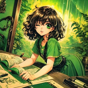 (Masterpiece, Best Quality), highres, (8k resolution wallpaper), (Traditional Media:1.2), Manga, ultra-detailed portrait, extremely detailed sketch, graphite \(medium\), 1990s \(style\), ((2d:1.2)), retro artstyle, Rayearth, thick lineart, 1girl, (solo), sitting, arm resting on head, head tilt, reading a book, (fantasy), Official art, , (best illustration), dynamic angle, dynamic pose, expressive, aged up, portrait, (cowboy shot:1.3), (thick lineart), dramatic, standing, (perfect face), (detailed face, deep eyes), (reading:1.2), beautiful, giggling, half-closed eyes, (green eyes), round eyewear, glasses, eyebrows visible through hair, bangs, (detailed eyes, deep eyes:1.2), lipstick, brown hair, short hair, (curly hair:1.2), dress, green skirt, indoors, twilight, (light particles), highly detailed, focus face, (intricate), thick waist, shiny, dark brown, window, wide shot, (full body:1.3), (full angle view), atmosphere, (amazing composition), marker \(medium\), (vibrant colors), rich colors, (soft lighting:1.1), volumetric lighting (dark brown and green theme:1.4), Rayearth,sugar_rune,cartoon,anime