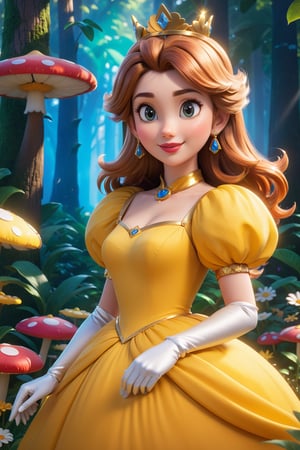 (masterpiece, best quality), top quality, cgsociety, hyperrealistic, (high fantasy:1.3), A highly photorealistic image of princess daisy, yellow dress, fairy village, enchanted forest, the style of pixar, very long hair, wavy mouth, bangs, nature, head tilt, royal, regal, elegant,  seductive smile, lipstick, aged up, woman, extremely detailed, shiny, deep and rich colors, intricate details, motion blur,  focus, no humans, (fantasy), various colors, gradient, 3d, colorful, transparent, bokeh, dreamlike, beautiful, volumetric lighting, 4K Unity, (muted colors, soothing tones), (deep depth of field), princess daisy, (cinematic), atmospheric perspective, sunlight, day, bloom, (glowing), floating particles, (raytracing:1.2), OC rendering, Color classification,hyperdetailed photography,  (super-detailed CG: 1.2), (8K: 1.2), c0raline_style,more detail madgod,sweetscape,madgod,stop motion,cl4mp,more detail XL, cinematic moviemaker style,disney style,glitter,glass shiny style,Strong Backlit Particles,Comic Book-Style 2d,2d,3D,art_booster,Mario1024