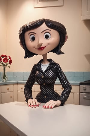 score_9, score_8_up, score_7_up, score_6_up, score_5_up, score_4_up, BREAK 3d, stop motion, ,c0raline_style, beautiful, sitting, black hair, short hair, (black eyes), polka-dot, hyperrealistic, photoreal,cinematic shot, hyperdetailed, upper body, cinematic,  beautiful, sitting, red nails, mature female, button eyes, motherly,  shiny, smile,  red lips, lipstick, (mature female), hobble dress, dark, night, flower, indoors, (stylish),   800mm lens,  sharp focus,  depth of field, volumetric lighting,  more detail XL