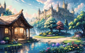 (Masterpiece, Best Quality:1.3), insaneres, top quality, (8k resolution wallpaper), (extremely detailed), 2d, in the style of beatrix potter, manga, illustration, (fantasy), thick lineart, outline, sugar_rune, animal, personification, flower, bar, stool, (no humans), overgrowth, (small details:1.2), fairytale, wonder, dreamy, (minigirl:1.3), outdoors, leaves, (nature), (deep depth of field), 85mm, hyperrealistic, film grain, dynamic, surreal, architecture, miniature, (garden, valley, river, brook), fantasy realm, shadow, blurry foreground, path, seaside, beautiful, fantastic landscape, (intricate details), mystical, (natural lighting:1.1), country cottage, cozy, min waterfall, bloom, (smooth, rounded corners), white vignetting, (volumetric lighting:1.3), best shadow,ISO_SHOP