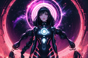 Masterpiece of a woman aged up, standing on the edge of a futuristic space station's round window. Her long black hair flows in motion blur behind her, with a single braid framing her hyperrealistic features. Her eyes hypnotize with an otherworldly red glow, as she looks ahead with half-closed lids and parted lips. She wears a spacesuit, with a spaceship docked in the background against a psychedelic galaxy backdrop. The atmosphere is dreamy, with a sense of darkness and shadow. holographic clothes, hologram, vtuber, The lighting is dim, but her stunning artwork shines like a beacon, perfectly capturing the essence of this unique character concept, traditional media, saba_styl3, retro artstyle, glowing lines, upper body, dynamic posture