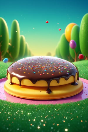 (Masterpiece), (best quality), top quality, fairytale, fantasy, sweet, candy, hyperrealistic, in the style of pixar, 3d, cg unity wallpaper, 8k,  transitory, magic, playful, oversized pancake, drizzle, syrup, delicious, cinematic,  shimmer, glitter, scenery, striped, smooth edges, water, gradient, particles, shiny, small details, grass, see-through, transparent, colorful, fruit, chocolate bar, , glowing, beautiful, sunlight,  volumetric lighting, multicolored theme,  (gradients), atmospheric, top lighting, muted colors, soothing tones, intricate details, dynamic, animated,  breathtaking, magical, tree, (deep depth of field:1.1), extremely detailed background, 850mm, digital illustration, more detail XL, glitter