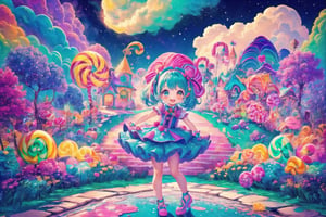 (masterpiece, high resolution:1.4), top quality, 8k, sharp focus, (digital illustration), cover art. 1girl, solo, rainbow colors, (gradients), stockings, (stylish), lineup,  :o, !, :d. :3, >;(, d;, shimmer, glimmer, thick lineart, outline, (adorable chibi:1.2), (kawaii, Toontown:1.1), (gradient eyes), intricate details, (colorful attire:1.2), (large expressive eyes:1.1), (cute hairstyle:1.2), (joyful expression:1.1), heterochromia, complete with candy-themed accessories that add a touch of sweetness to her appearance. Every detail, from her adorable shoes to her cute headband, is meticulously designed to enhance her kawaii factor. (playful pose:1.2), (charming smile:1.1), colorful, vivid, (fluffy companion:1.2), (candy-themed accessories:1.1), (whimsical wonderland:1.2), (pastel palette:1.1), circle formation,candyland,sugar_rune,madgod,ninjascroll