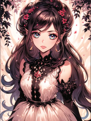 (Masterpiece, Best Quality:1.3), highres, 8k, highly detailed, 2d, (faux traditional media:1.3), manga, illustration, (mature female!.3), fantasy, thick lineart, outline, ((centered)), , sugar_rune, flower, cowboy shot, flower dress, solo, gradient eyes, polka dot, 1girl, sparkle, bush, eyes half closed,,closed mouth, earrings, sleeveless, standing, gloves, overgrowth, wariza, (perfect hands), looking at viewer, pointy ears, fairytale, wonder, dreamy, outdoors, leaves, long hair, jewelry, white gloves, nature, doughnut hair bun, half updo, ((depth of field)), 85mm, hyperrealistic, film grain, colorful, lipstick, (very long hair), (rose garden), shadow, blurry foreground, path, (intricate details), mystical, (natural lighting:1.1), long face, country cottage, cozy, princess dress, (jmature female:1.3), stylish, fashion, bloom, (deep depth of field)