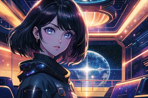 (masterpiece, best quality:1.3), top quality, 8k resolution wallpaper, deep depth of field, solo, detailed face, detailed eyes, thick lineart, bold lineart, shiny, 1girl on a space station looking out a round window at a rocket in space, rajah hair, stylish, science fiction, futuristic, diagonal bangs, perspective, indoors, atmospheric, vanishing line, volumetric lighting, expressive, 90's anime style,Traditional Media, highly detailed, high budget, bokeh, cinemascope, moody, epic, gorgeous, film grain, cinematic film, alive.,ninjascroll,saba_styl3,sugar_rune, galaxy