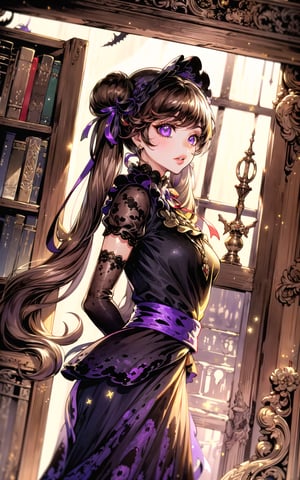 (Masterpiece, Best Quality:1.3), insaneres, (8k resolution), highly detailed, 2d, (faux traditional media:1.3), manga, digital illustration, fantastic composition, (mature female1.3), fantasy, thick lineart, outline, ((centered)), , sugar_rune, (arms behind back:1.3), flower, (in the style of yuki kajiura:0.8, ayami kojima, cowboy shot, (victorian), (gothic dress:1.4), dark theme, solo, purple eyes, 1girl, indoors, dark room, victorian setting, hiding in the shadows, glowing eyes, parted lips, doll, earrings, sidelocks, (bangs:1.2), (low twintails:1.4), sleeveless, standing, elbow gloves, (dutch angle), supernatural, bonnet, (cobweb print:1.3), ribbon trim, ribbon, doll dress, ribbon, waist-bow, hair bow, (night:1.2), looking at viewer, expressionless, fairytale, wonder, melancholy, dust particles, natural skylight, moonlight, (shadow:1.3), darkness, jewelry, very long hair, black gloves, lace trim, half updo, (deep depth of field:1.3), 85mm, hyperrealistic, film grain, colorful, lipstick, blurry foreground, haunted house, (halloween), (moody lighting:1.4), (spooky), (intricate details:1.2), focus face, messy hair, mystical, table, grandfather clock, bookshelf, livingroom, door, high-rise staircase, stairs, curtains, plant, (natural lighting:1.1), long face, (extremely detailed background:1.3), (stylish, fashion), scenery, human furniture, (fantasy:1.3),perfecteyes