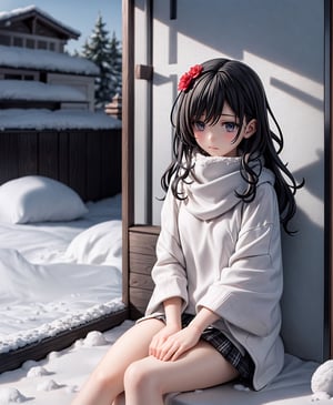 (masterpiece, best quality),Snow falls outside the window of a girls room. BREAK A girl with a sad expression sits on the bed, leaning against the wall. She is wrapped in a white blanket with orange flowers. Her long brown hair covers her ears. Her hands are hidden inside the blanket. BREAK The window is open, with a wooden frame and a white curtain on the left. Snow is piled up on the frame. Below the window, there is a small vase with a red flower. BREAK The girl looks at the snowy landscape, with snow-covered roofs, forest and mountains. The mood is lonely and peaceful., Anime,Enhanced All,ghibli,illustrator,sticker design