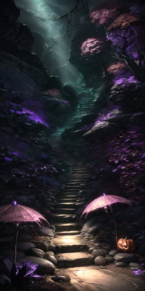 (Masterpiece, Best Quality), highres, (8k resolution wallpaper), dynamic perspective, spiral staircase, surreal, (Fantasy), dutch angle, monster, soldier, glowing, cloud, full background, , wide shot, fantasy, landscape, beautiful,  outdoors, (details:1.2), water, (no humans:1.2), sky, cloud, halloween, town, autumn, nature, flowers, caustics, sharp focus, shadow, (deep depth of field:1.3), (science fiction:1.1), (glowing lines), (motion blur:1.1), (volumetric lighting:1.3), sunlight, day, extremely detailed background, fantastic, mysterious,full background,coralinefilm,madgod,stop motion,LODBG