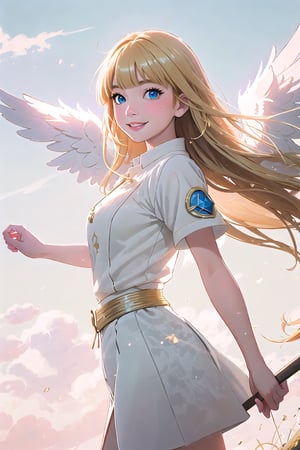 (Masterpiece, Best Quality:1.3), absurdres, (8k resolution), haniel, water, digital illustration, ((outline, thick lineart)), (faux traditional media:1.3), looking at viewer, heavenly queen, angel wings, white and gold, light theme, (standing), serious, tsurime, (mature female:1.2), adult, fighting stance, balancing, claws, metallic skin, soft skin, ((light smile)), (angelic, elegant:1.2), (solo), (backlighting), (detailed face, detailed eyes:1.2), fashion, stylish, pitch (blonde hair:1.3), (very long hair), reflection, long sidelocks, ((blunt bangs)), blue eyes, (shiny), ((cowboy shot)), (details:1.2), (depth of field), (beautiful face), high quality, ayami kojima:0.3, (extremely detailed), fantastic composition, (highly defloating hair,blootailed), psychedelic, graphite \(medium\), white background, floating particles, cloud print, cloud, bloom:0.4,FFIXBG