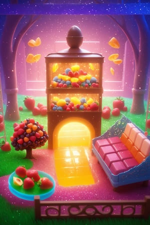 (Masterpiece), (best quality), top quality, fairytale, fantasy, sweet, candy, hyperrealistic, in the style of pixar, 3d, cg unity wallpaper, 8k,  magic, playful, drizzle, syrup, delicious, cinematic,  shimmer, glitter, scenery, striped, smooth edges, water, gradient, particles, shiny, small details, grass, see-through, transparent, colorful, fruit, chocolate, ,beautiful, sunlight,  volumetric lighting, multicolored theme,  (gradients), atmospheric, top lighting, muted colors, soothing tones, intricate details, dynamic, animated,  breathtaking, magical, tree, (deep depth of field:1.1), extremely detailed background, 850mm, digital illustration, more detail XL, glitter