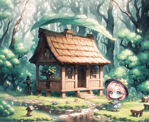 (Masterpiece, Best Quality:1.3), insaneres, top quality, (8k resolution wallpaper), (extremely detailed), 2d, beatrix potter, manga, illustration, (fantasy), thick lineart, outline, sugar_rune, animal, personification, flower, cute, bar, stool, tree, overgrowth, focus face, looking up, (detailed face, detailed eyes:1.2), doll dress, surprised, dreaming, (small details:1.2), fairytale, wonder, dreamy, (minigirl:1.3), outdoors, leaves, (nature), (chibi:1.4), small bridge, (deep depth of field), 85mm, hyperrealistic, film grain, dynamic, surreal, architecture, miniature, (garden, valley, river, brook), fantasy realm, shadow, enchanting, blurry foreground, path, seaside, beautiful, oversized plantlife, fantastic landscape, (intricate details), mystical, (natural lighting:1.1), country cottage, cozy, min waterfall, bloom, (smooth, rounded corners), (high fantasy),  reflection, white vignetting, (volumetric lighting:1.3), best shadow, lively, ISO_SHOP,ISO_SHOP,isometric