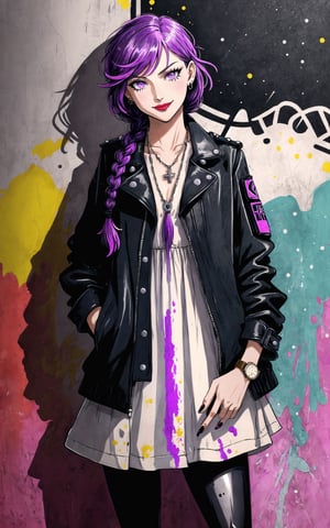 (Masterpiece), (highres), 8k, (traditional media:1.2), manga, digital illustration, 2d,  retro artstyle, (ultra-detailed portrait of a girl in a dress, stylish, purse, jewelry, floral print, beautiful, punk aesthetic, paint splatter, holding paint can, graffiti,grunge texture, single earring, cropped jacket, black nail polish, streaked hair, blending, glaring, evil smile, colorful, extremely detailed, detailed face, lipstick, red hair, purple eyes, looking at viewer, stylish, fashion, expressive, smirk, leather pants, zipper, smug,,mature female, tomboy, official alternate hairstyle, very long hair, (single braid:1.3), curly hair, cool, aged up, officer, intricate watch, head tilt, looking at viewer, cowboy shot, fully clothed, (8k resolution),figurine, SILHOUETTE LIGHT PARTICLES