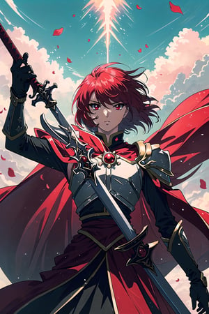 , (masterpiece, best quality:1.4), absurdres, best illustration, hikaru_rayearth, solo, long hair, red eyes, (detailed face, detailed eyes), gloves, holding, weapon,  braid, red hair, sword, white gloves, cape, holding weapon, armor, petals, single braid, (holding sword, pointing sword towards the heavens:1.2), godlight, halation, magnificent, epic scene, looking up, powerful, dynamic posture, fire, shoulder armor, serious, red cape, armored dress, retro artstyle, 1990s (style), red theme, (depth of field), (perfect anatomy:1.1), sharp focus),Rayearth,skirt_tail,FFIXBG