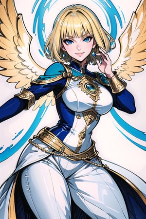 (Masterpiece, Best Quality:1.3), absurdres, (8k resolution), illustration, ((outline, thick lineart)), (faux traditional media:1.3), looking at viewer, heavenly queen, angel wings, white and gold, light theme, (standing), serious, tsurime, (mature female:1.2), adult, balancing, claws, metallic skin, soft skin, ((light smile)), (angelic, elegant:1.2), (solo), (backlighting), (detailed face, detailed eyes:1.2), fashion, stylish, pitch (blonde hair:1.3), (short hair), curls, (Soft lighting), reflection, long sidelocks, ((blunt bangs)), blue eyes, (shiny), ((cowboy shot)), (details:1.2), (depth of field), (beautiful face), high quality, ayami kojima:0.3, (extremely detailed), fantastic composition, (highly detailed), psychedelic, graphite \(medium\), white background, cloud print, cloud, bloom:0.4, ((((dynamic pose)))))