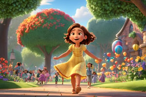 In a heartwarming Pixar-inspired scene, a spirited young girl dashes through a vibrant park, her laughter harmonizing with the cheerful voices of other children swinging nearby. The atmosphere is suffused with a serene sense of calm and unity, reminiscent of a heartwarming moment from an animated classic.