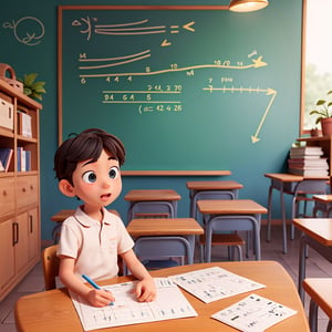 A little boy learning math in a classroom full of other children