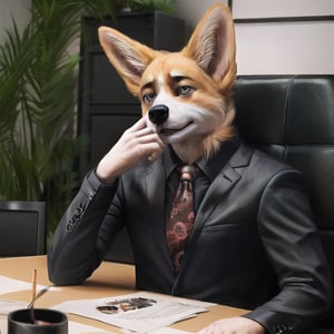 anthro (Corgi), Male, adult, toned body, 5'7"(tall). realistic fur, fur, star shaped tattoo, Hazel_eye_color. realistic fur texture:1, detailed background, Office Meeting background, photorealistic, hyper realistic, ultra detailed, Full body Photo,allblacksuit
