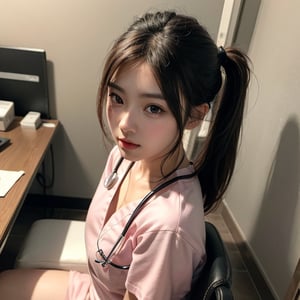 (masterpiece,best quality:1.4),8k.raw photo,photo realistic,shiny skin,
detailed skin,detailed face,detailed eyes,beautiful face,
BREAK
1girl,black hair,pony-tail,tearing_up BREAK sit on the chair,(nurse:1.1),peachy clothes,peach-colored skirt,from_above BREAK the hospital room,