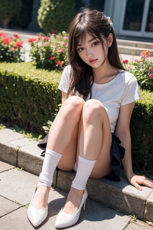 1girl, beauty face, flowerbed, Sit up, Skirt, Gaps in the legs, white panty, Holding your knees, best quality, high quality, masterpiece