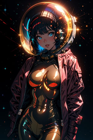 1 girl, thunder red jacket, nude, 1960s space helmet and 1980s G Force anime series, Darf Punk wlop shiny skin, ultra realistic sweet girl, 1960s space helmet, holographic, holographic texture, el wlop style, space, mid journey