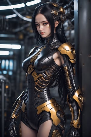 A high-tech cyberpunk style black gold skull suit, android girl, human girl face with skeleton body, cute, beautiful, fascinating, custom design, fancy black hair, shiny body, shiny look, outfit, stylized body, shades shiny, steampunk style. ,cyberpunk style,mecha,perfect custom hi-tech suit,sword in hand,weapon master,high-tech belt,muscular body set,looking back,,cyberpunk,HZ Steampunk,steampunk,bright eyes,beautiful body,hair long white, front view of face, cyborg style, ironman, beautiful face, detailed face, beautiful eyes, clavicle, bare shoulders, small waist, sexy, light smile, make-up, big breasts, 