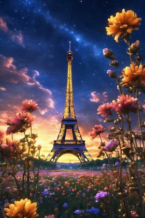 Eiffel Tower, dazzling, field of flowers, nocturnal, night, transparent, colorful, plants, luminescent, lights, transparent, beautiful, fantastic, intricate, elegant, sunsets, beautiful skies, high resolution, 3d style, still film, cyborg style,EpicSky