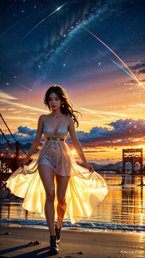 (masterpiece: 1.2, best quality: 1.2), (ultra detailed), (realistic), beautiful, high quality, high resolution: 1.1, aesthetic), a girl walking on a ((golden gate bridge)), with her arms open and smiling, bare shoulders, neckline, tight, everything is transparent, clavicle, the bridge is above the clouds, with the horizon in the distance, there is no land, the sun is hiding painting the clouds with colors, she is wearing a transparent dress very short, clouds reflecting the color of the sun floating with stars and galaxies looming on the horizon, lens flare, ray tracing, photo quality, high contrast summer scene, SILHOUETTE LIGHT PARTICLES