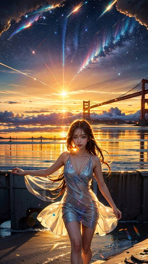 (masterpiece: 1.2, best quality: 1.2), (ultra detailed), (realistic), beautiful, high quality, high resolution: 1.1, aesthetic), a girl walking on a ((golden gate bridge)), with her arms open and smiling, ((naked)), clavicle, the bridge is above the clouds, with the horizon in the distance, there is no land, the sun hiding painting the clouds with colors, she wears a very short transparent dress, clouds reflecting the color of the sun floating with stars and galaxies looming on the horizon, lens flare, ray tracing, photo quality, high contrast summer scene, SILHOUETTE LIGHT PARTICLES