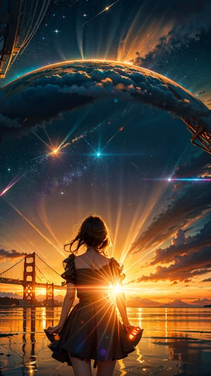 (masterpiece: 1.2, best quality: 1.2), (ultra detailed), (realistic), beautiful, high quality, high resolution: 1.1, aesthetic), a girl walking on a ((golden gate bridge)), with her arms open and smiling, the bridge is above the clouds, with the horizon in the distance, there is no land, the sun hiding painting the clouds with colors, she is wearing a very short transparent dress, clouds reflecting the color of the sun floating with the stars and galaxies looming on the horizon, lens flare, ray tracing, photo quality, high contrast summer scene, SILHOUETTE PARTICLES OF LIGHT