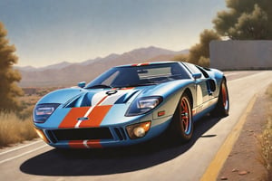 best quality, ultra high resolution, (ford GT40), ford GT 40, highly detailed textures Highly detailed textures, sharp body, looking at viewer, still film, film frame, r3al photo, spectacular, EpicSky, skyscraper on top of the World, Photo Realistic Digital Artwork of a Beautiful Official Race Car, Professional Hyper-Realistic Art Masterpiece by Don Lawrence, Incredibly Detailed and Intricate, Volumetric Lighting, Professional Color Graduation by Kenneth Hines Jr., Outdoors on the Line exit, well-defined lines,