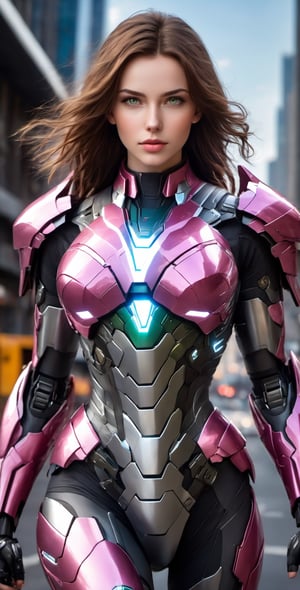 (Realistic), (Masterpiece 1.2), (Ultra HDR quality), (Photorealism), (Perfect face), (Perfect body armor), 1 Russian girl 18 years old, clavicle, bare shoulders, navel, cleavage, long neckline, suit stuck metallic pink armor, pink armor with shiny white, ironman, silver pink suit, HI-TECH armor, high-tech weapons, high-tech lightning armor, running on the city road, city background, mecha musume, mecha , cyberpunk style, reflections, sexy girl, flying, propellers, skyscrapers, long hair, black hair, green eyes, open helmet, perfect eyes, symmetrical eyes, defined eyes, movie pose, perfect hands, defined hands, clean lines, ( without helmet), face of a beautiful woman, face with fine features, flirtatious smile, 1 Russian girl