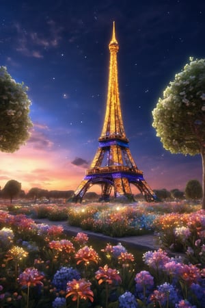 Eiffel Tower, dazzling, field of flowers, nocturnal, night, transparent, colorful, plants, luminescent, lights, transparent, beautiful, fantastic, intricate, elegant, sunsets, beautiful skies, high resolution, 3d style, still film, cyborg style