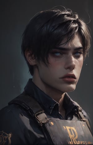 A close-up shot captures Leon Kennedy's piercing light blue eyes as he winks slyly at the camera. His short, grey hair is perfectly messy, framing his chiseled features. He dons a police uniform, complete with a bulletproof vest, fingerless gloves, and elbow pads, exuding a sense of professionalism despite his rugged appearance. The dark strokes and rough lines of the charcoal sketch bring out the sharp contours of his face. Against a black background, his blue shirt provides a striking pop of color. As he winks, his tough-guy persona takes center stage.

score_9, score_8_up, score_7_up, score_6_up, vivid color, masterpiece, best quality, amazing quality, very aesthetic, absurdres, depth of field, 
complicated_detailed, detailed_face, masterpiece, ultra HD, raw photos, detailed skin textures, detailed face, detailed hair, perfect eyes, perfect skin, 