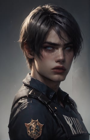 A close-up shot captures Leon Kennedy's piercing light blue eyes as he winks slyly at the camera. His short, grey hair is perfectly messy, framing his chiseled features. He dons a police uniform, complete with a bulletproof vest, fingerless gloves, and elbow pads, exuding a sense of professionalism despite his rugged appearance. The dark strokes and rough lines of the charcoal sketch bring out the sharp contours of his face. Against a black background, his blue shirt provides a striking pop of color. As he winks, his tough-guy persona takes center stage.

score_9, score_8_up, score_7_up, score_6_up, vivid color, masterpiece, best quality, amazing quality, very aesthetic, absurdres, depth of field, 
complicated_detailed, detailed_face, masterpiece, ultra HD, raw photos, detailed skin textures, detailed face, detailed hair, perfect eyes, perfect skin, 