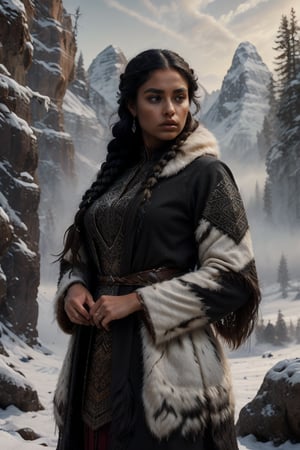 A stunning Black woman with raven-black hair braided, warm brown eyes, and Nordic-inspired clothing featuring animal hides, stands beneath a snow-capped landscape as she wraps her arms around herself in a luxurious fur-lined coat, the texture of which resembles an osso's pelt.

(masterpiece, top quality, best quality, official art, beautiful and aesthetic:1.2),extreme detailed,(fractal art:1.3),colorful,highest detailed,Dreamy Atmosphere,Bright color. The word "Flux x Tensor" is painted over it in big, white brush strokes with visible texture.