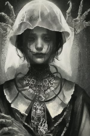  horror (theme) (Horror illustration, terrifying scene, portrait) Woman with short black hair, no eyes, hollow black eyes. Vestido rojo con tres rosas en la mano.