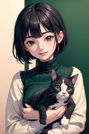masterpiece, best quality, 1women 27 years, flatchest, facefull, smiling and holding a CAT (CAT black AND white ( black hair bob cut style, black eyes) , (high image quality, high definition, wallpaper quality) Pastel colours, custome Emerald Green Sweater 