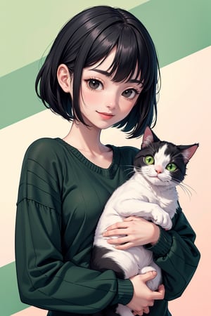 masterpiece, best quality, 1women 27 years, flatchest, facefull, smiling and holding a CAT (CAT black AND white ( black hair bob cut style, black eyes) , (high image quality, high definition, wallpaper quality) Pastel colours, custome Emerald Green Sweater 