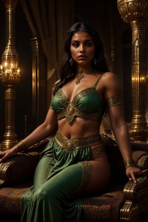 A mysterious woman with dark skin and green eyes, dressed as an Arab odalisque, sits amidst a lavish Middle Eastern setting. Soft golden light casts a warm glow on her features, highlighting the curves of her face and the sparkle in her eyes. Her attire is ornate, with intricate patterns and fabrics that shimmer in the dimly lit chamber. She holds a ornate scimitar, her hand resting delicately on the hilt as she gazes into the distance, lost in thought. The background features rich textiles and ornate furniture, evoking the opulence of ancient cities.