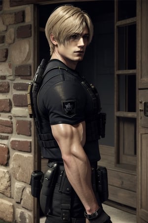 RE4Leon Blonde man, Tall and strong man dressed as SWAT uniform black, he got Blonde hair, Blonde men. SWAT uniforme of usa black. Beautiful strong man, defined marked on clothes
